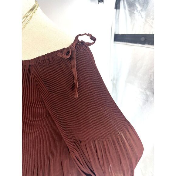Wilfred Aritzia Chiffon Blouse Top XS Off The Shoulder Pleated Rust Brown - Picture 10 of 14